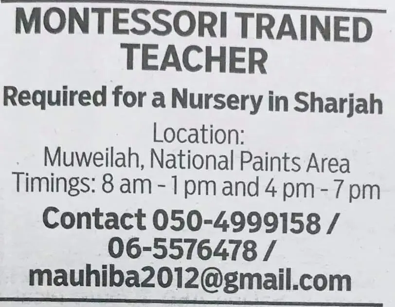 Hiring Montessori Trained Teacher Sharjah UAE Gulf Career Hunt