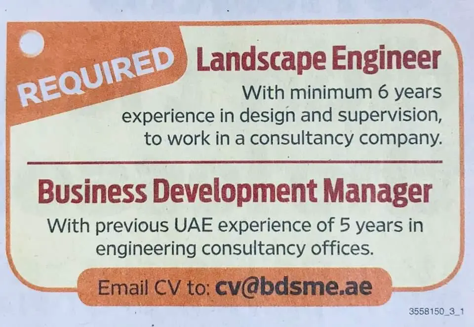 Hiring Landscape Engineer and Business Development Manager Dubai UAE
