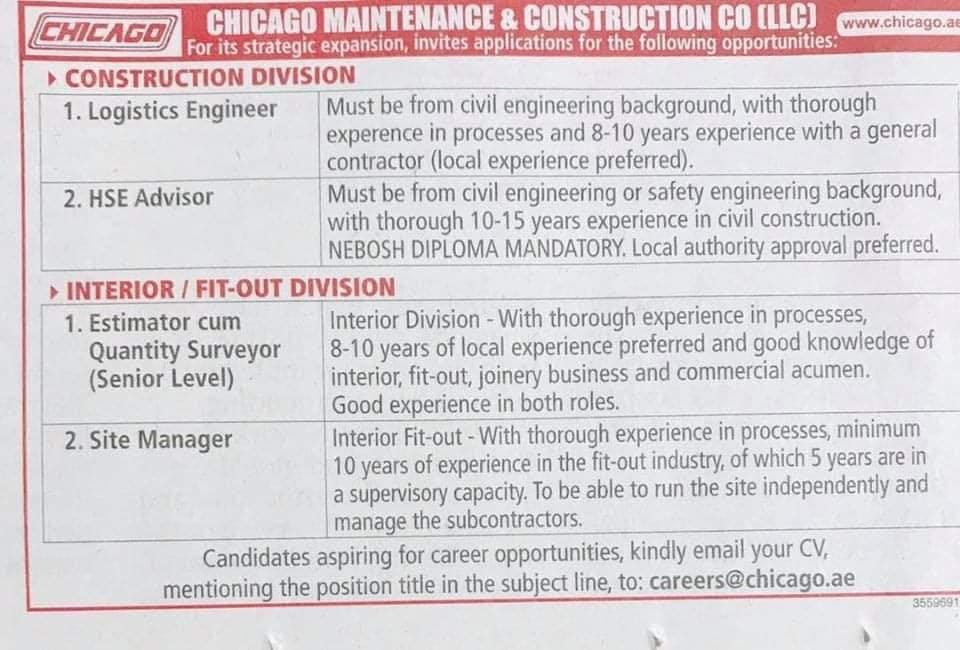 Maintenance and Construction Jobs Dubai | Gulf Career Hunt