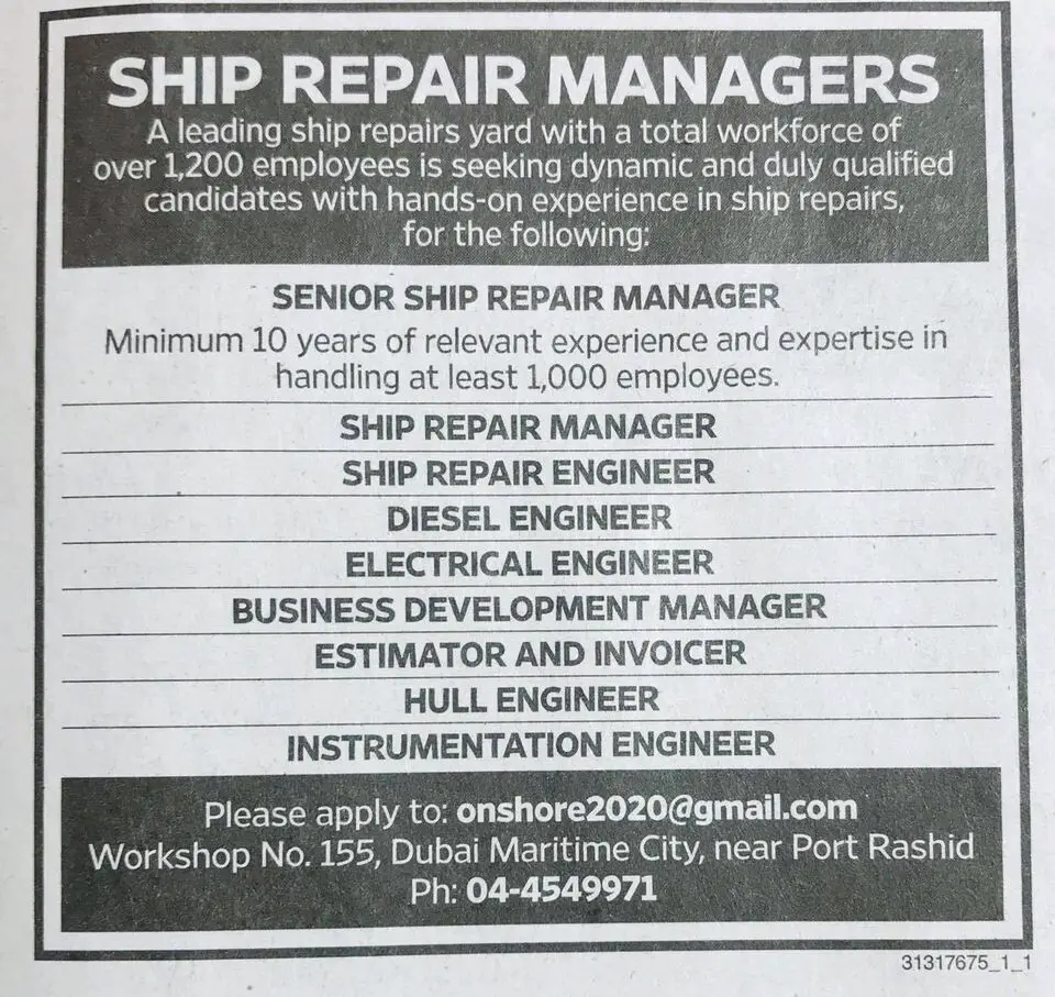 Ship Repair Manager Vacancies Multiple Dubai UAE Gulf Career Hunt